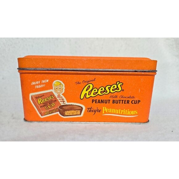 Vintage Reese's Peanut Butter Cup Orange Tin Box " They're Peanutricious" - Picture 3 of 8